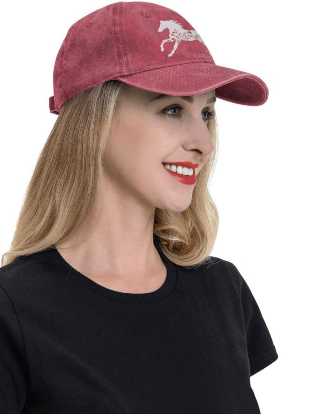 Women's Floral and Horse Hat Adjustable Washed Vintage Baseball Cap Red